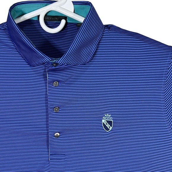 Greyson Golf Polo Shirt Blue Stripe SCCC 1916 Short Sleeve Athletic Men's XL - Picture 1 of 11